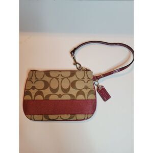 COACH Brown Maroon Signature Jacquard Wristlet‎ With Coach Charm